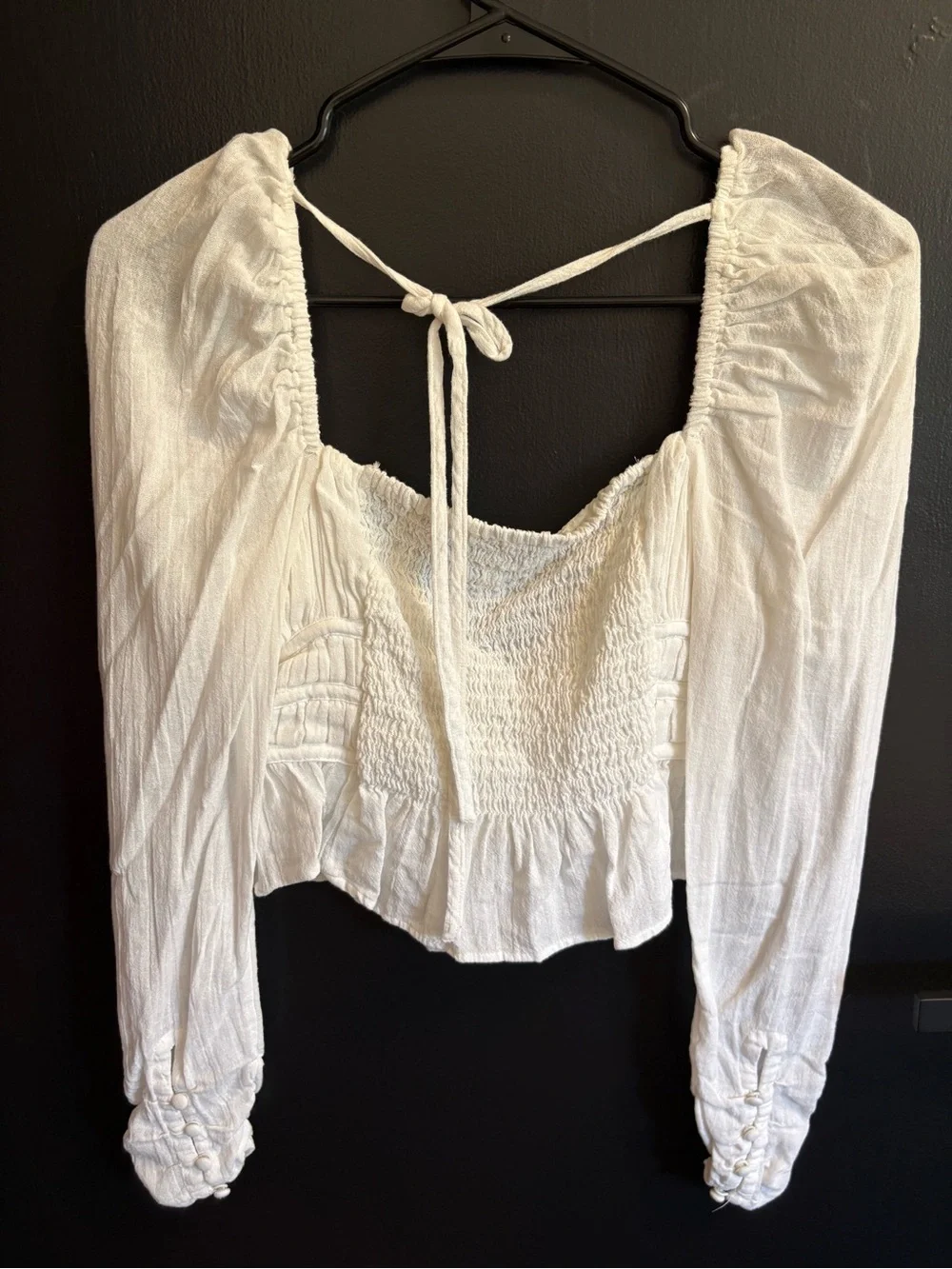Free People White Cottagecore Smocked Long Sleeve Chloe Crop Top